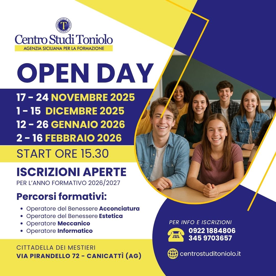Al momento stai visualizzando Open Day Centro Studi Toniolo: scopri i corsi professionali e iscriviti subito per il 2026/2027!